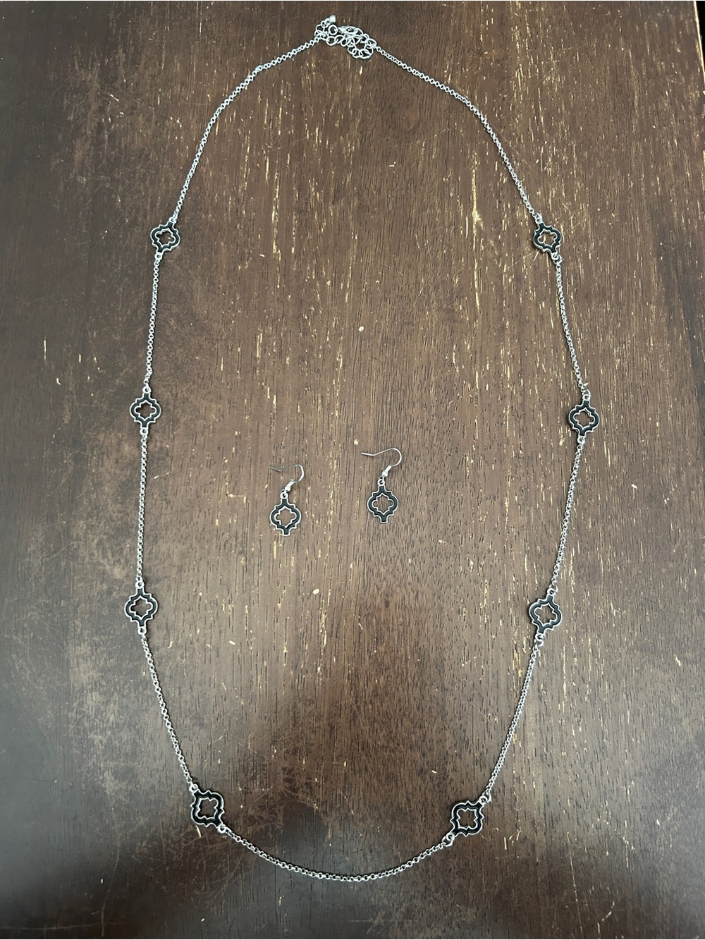 Black and Silver Quatrefoil Long Necklace with Matching Earrings